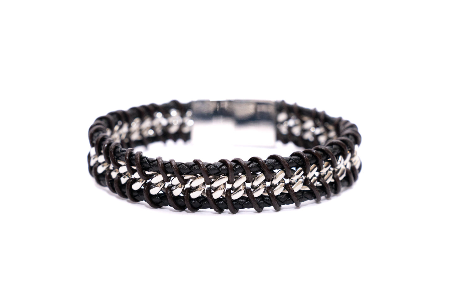 BRACCIALE UOMO ACCIAIO E CUOIO CATENA CENTRALE IM101