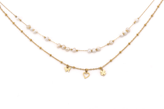 COLLANA CORTA DUE FILI ACCIAIO E PERLE CON TRE PENDENTI LN37