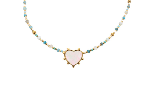 COLLANA CORTA ACCIAIO PIETRINE VERDI CON CUORE IN MADREPERLA LN45