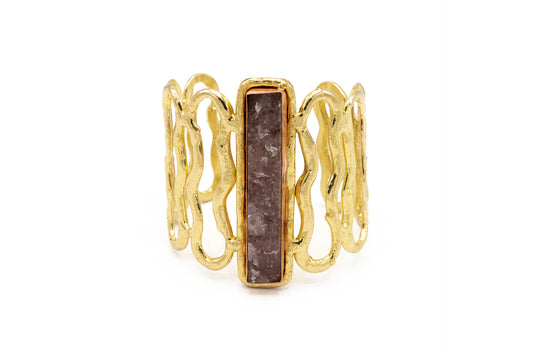 BRACCIALE ALTO OTTONE MULTI ONDE RETTANGOLO CENTR.PIETRA QUARZO FRAGOLA SH123