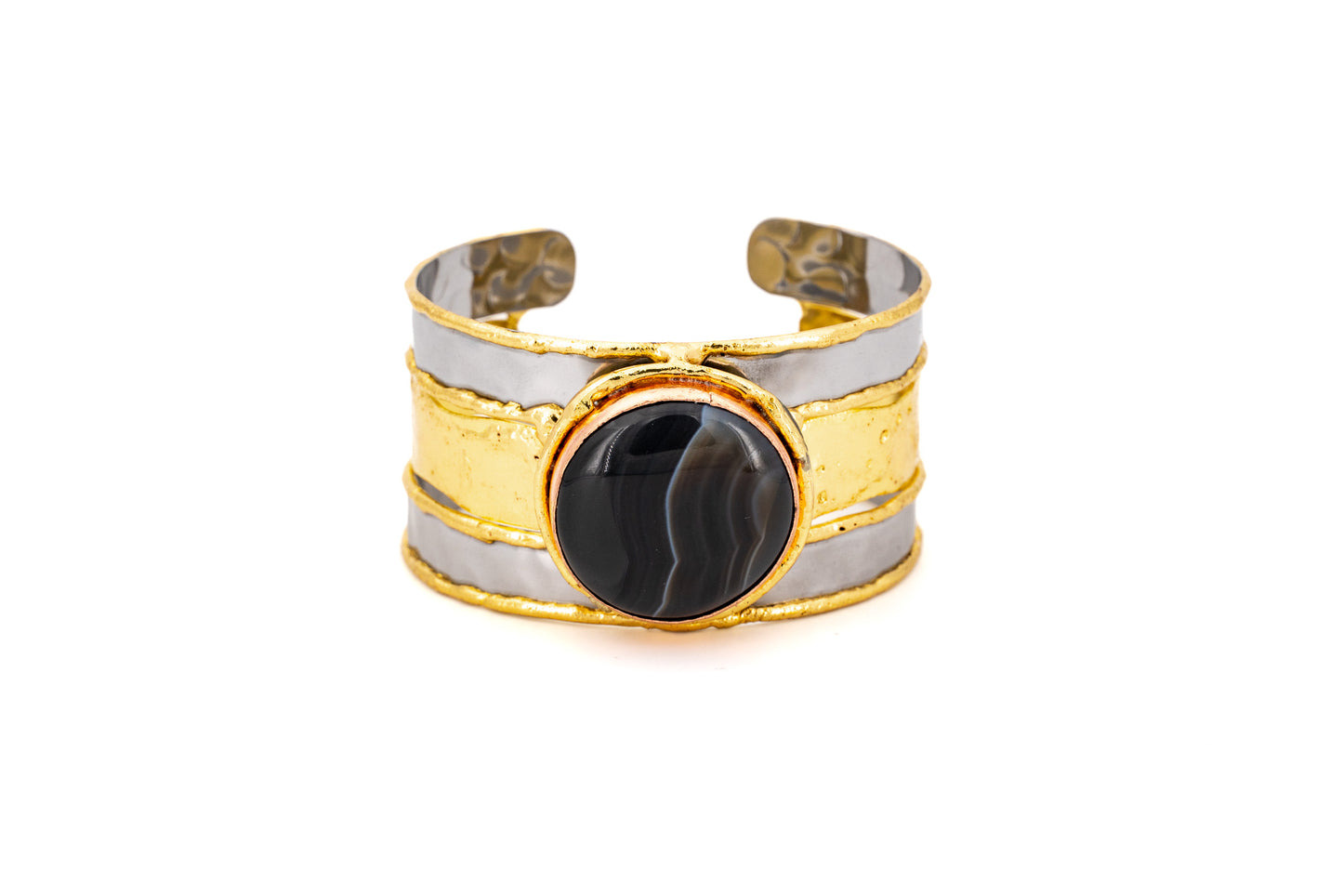 BRACCIALE OTTONE E ACCIAIO FASCIA PIETRA AGATA RIGATA NERA SH381
