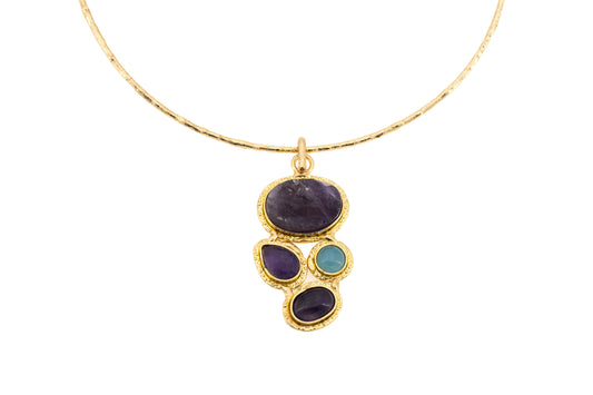 CHOKER OTTONE QUATTRO PIETRE PENDENTE AMETISTA,CALCITE BLU SH457