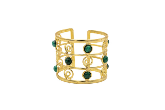 BRACCIALE OTTONE FASCIA RICCIOLI E PIETRE MALACHITE SH521