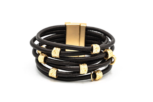 BRACCIALE CALAMITA 7 FILI PELLE MARRONE METALLO ZAMA BAGNO IN ORO OPACO 9 CILINDRI XS268O