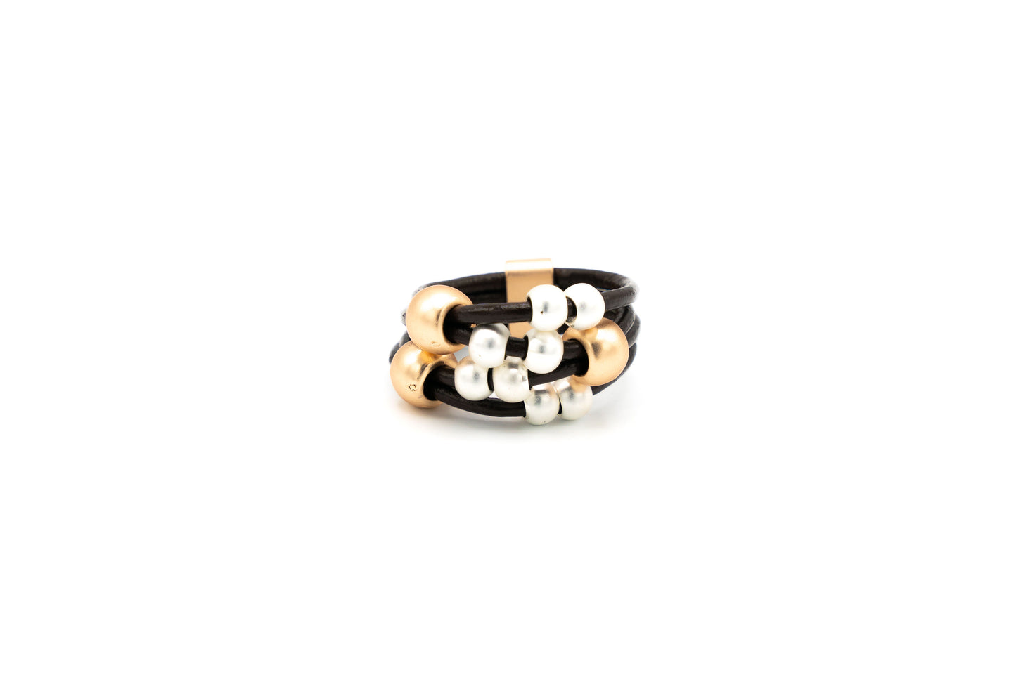 ANELLO FILI PELLE PALLINE MET.ZAMA BAGNO IN ARG.+ORO OPACO(MIS.17+18MM) XS283