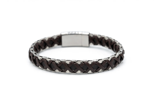BRACCIALE UOMO ACCIAIO E CUOIO INTRECCIATO       IS06-21