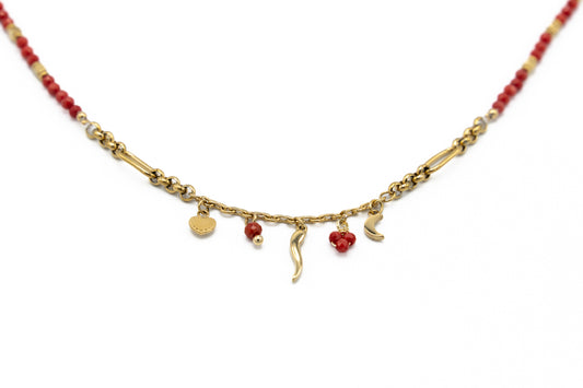 COLLANA CORTA ACCIAIO PIETRE ROSSE CORNO,CUORE,LUNA PENDENTI       LN13