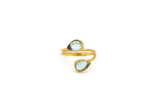 ANELLO OTTONE DUE GOCCE QUARZO IDROTERMALE ACQUAMARINA       MO105