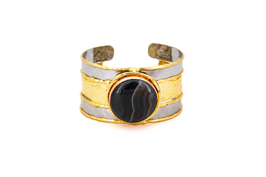 BRACCIALE OTTONE E ACCIAIO FASCIA PIETRA AGATA RIGATA NERA       SH381