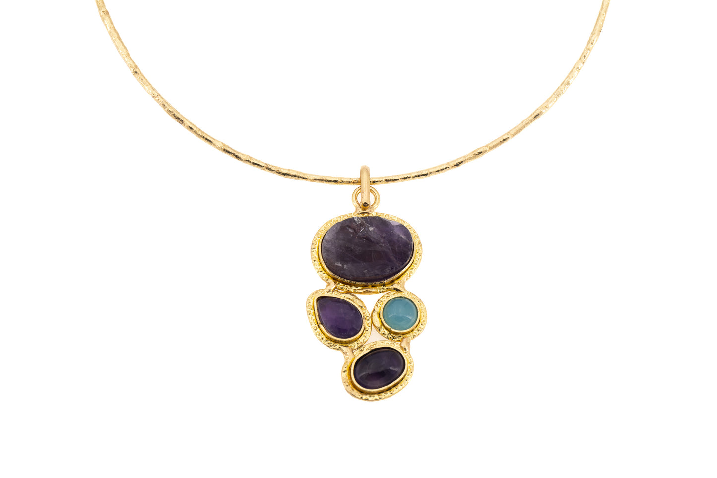 CHOKER OTTONE QUATTRO PIETRE PENDENTE AMETISTA,CALCITE BLU     SH457