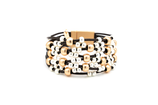 BRACCIALE A CALAMITA FILI PELLE PALLINE METALLO ZAMA BAGNO IN ARGENTO+ORO OPACO       XS282